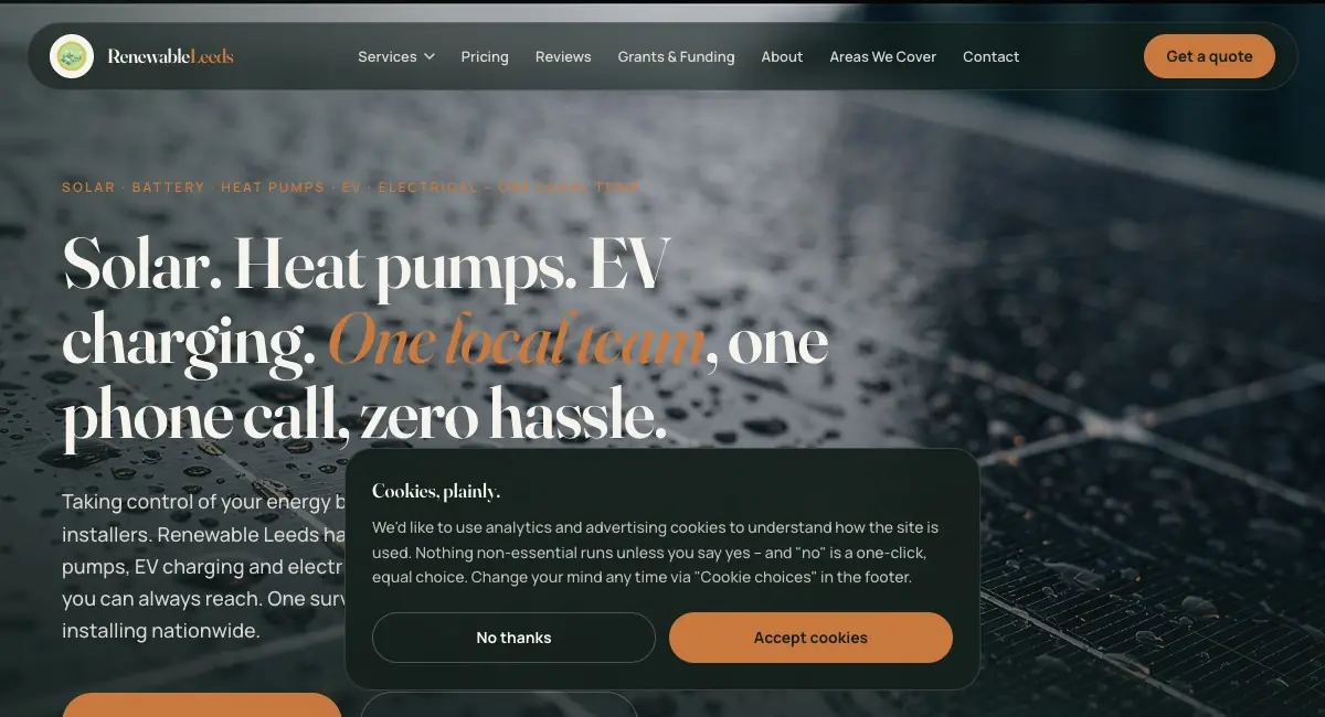 Renewable Leeds, Solar and battery website designed and built by PhD Networks